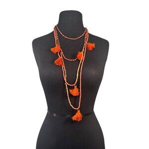 Beaded Tassel Layered Necklace Adjustable Boho Jewelry Orange Brown 16-36 Inches